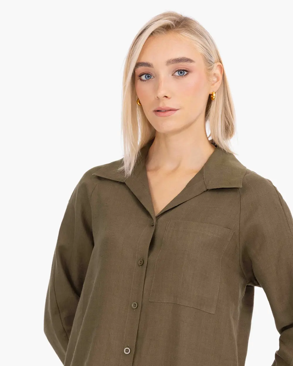 Pocket Detailed Shirt Cut Linen Dress