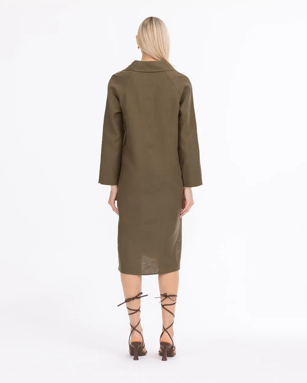 Pocket Detailed Shirt Cut Linen Dress