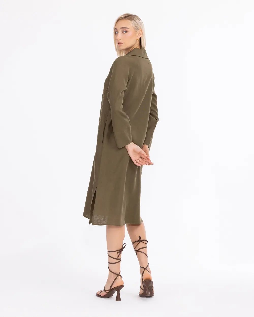Pocket Detailed Shirt Cut Linen Dress