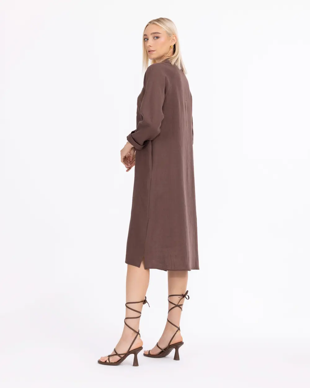 Pocket Detailed Shirt Cut Linen Dress