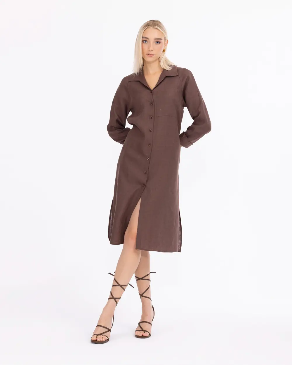 Pocket Detailed Shirt Cut Linen Dress