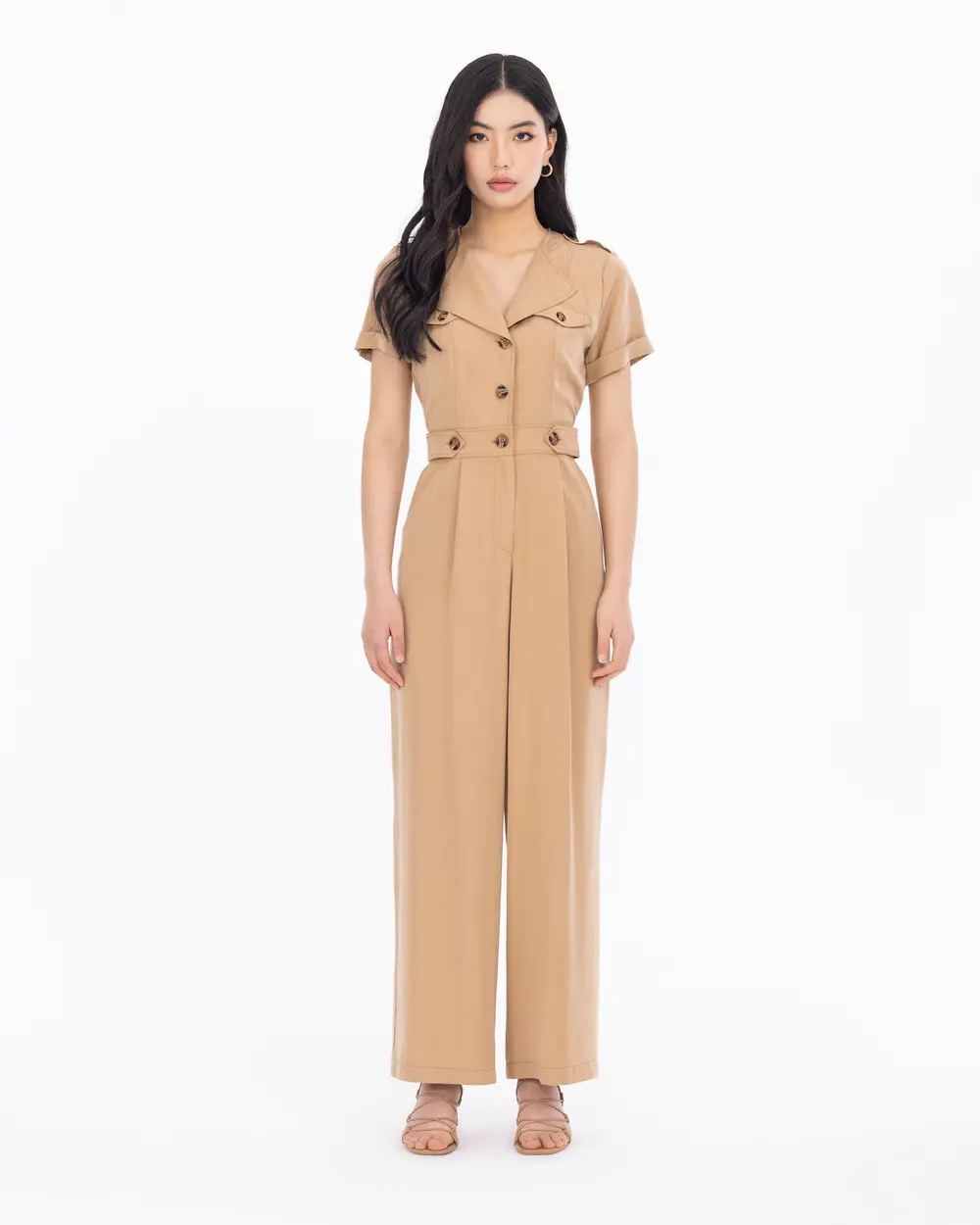 Bel Detaylı Tam Boy Kısa Kollu Tulum