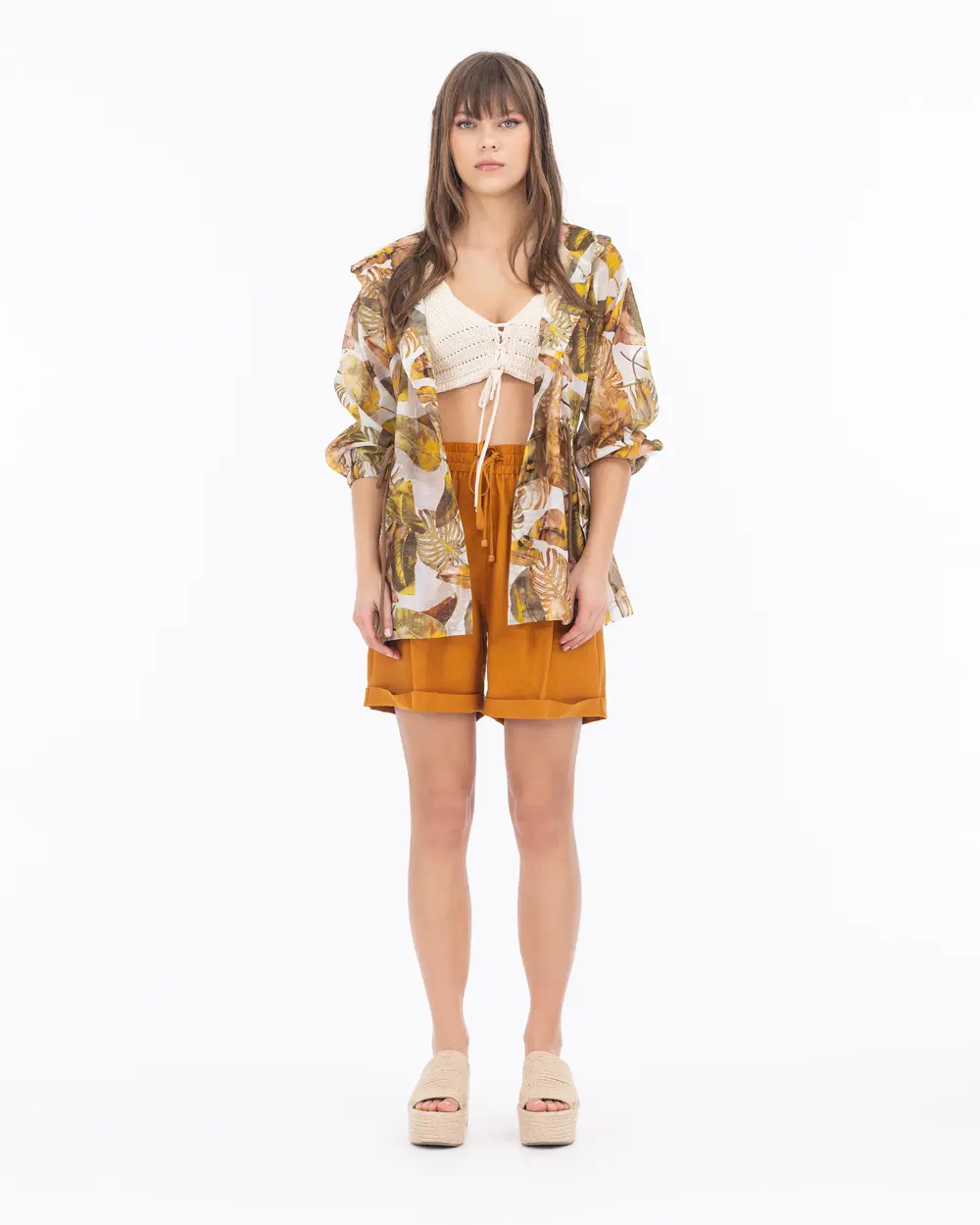 Tropical Patterned Hooded Collar Jacket
