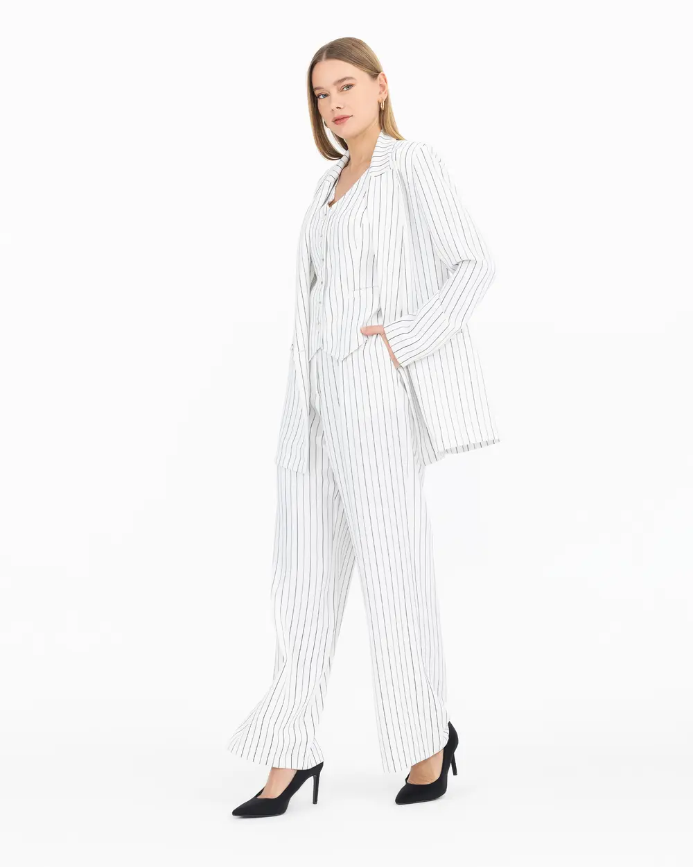 Striped Double Breasted Collar Blazer Jacket
