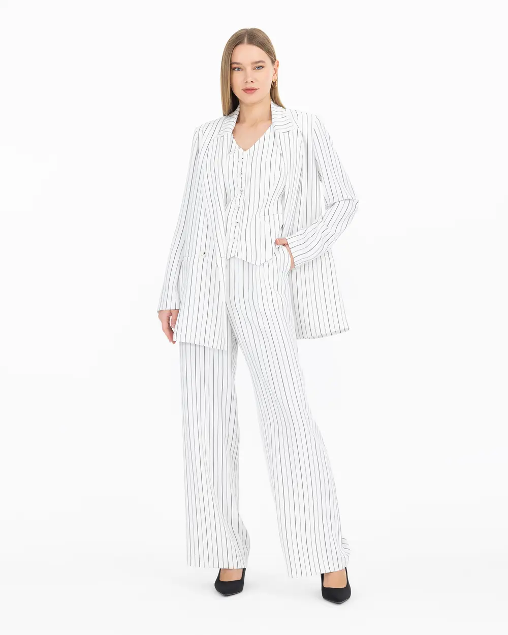 Striped Double Breasted Collar Blazer Jacket
