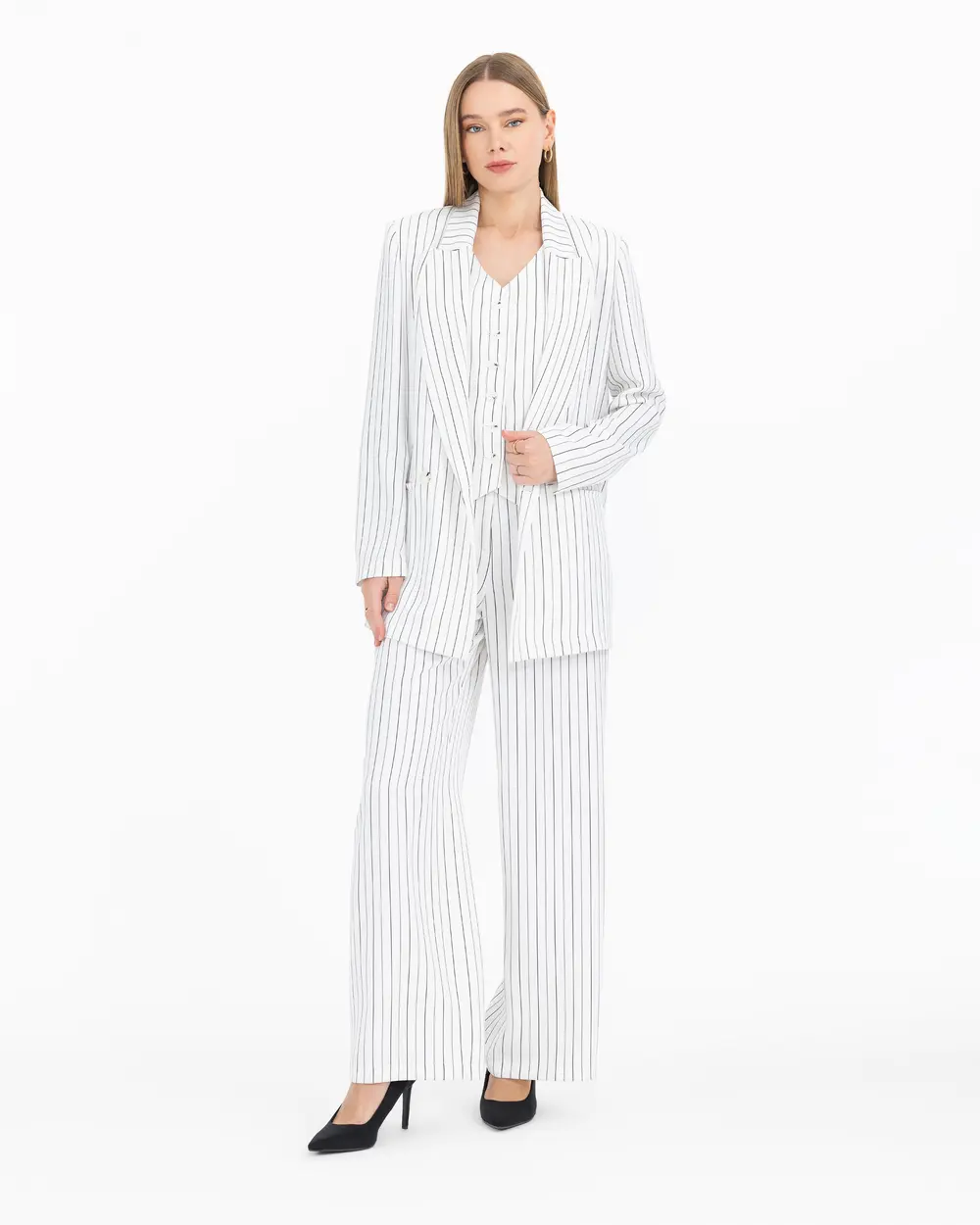 Striped Double Breasted Collar Blazer Jacket