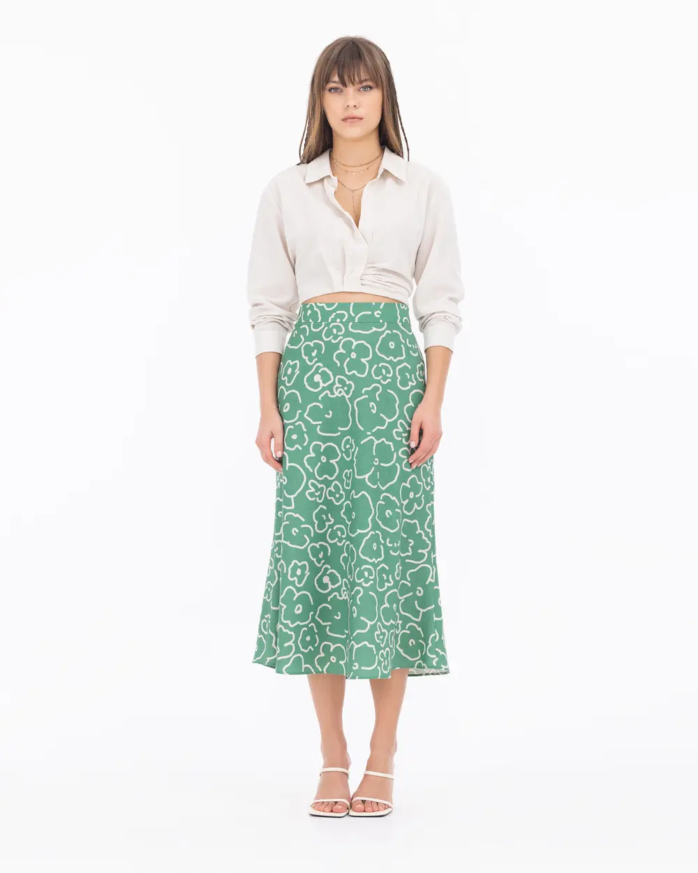 Midi Length Floral Patterned Elastic Waist Skirt