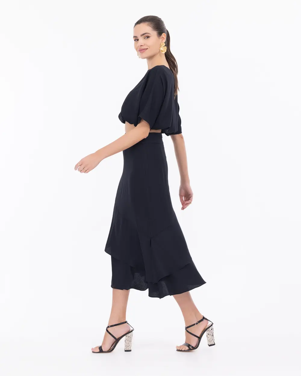 Satin Woven Layered Midi Length Elegant Skirt