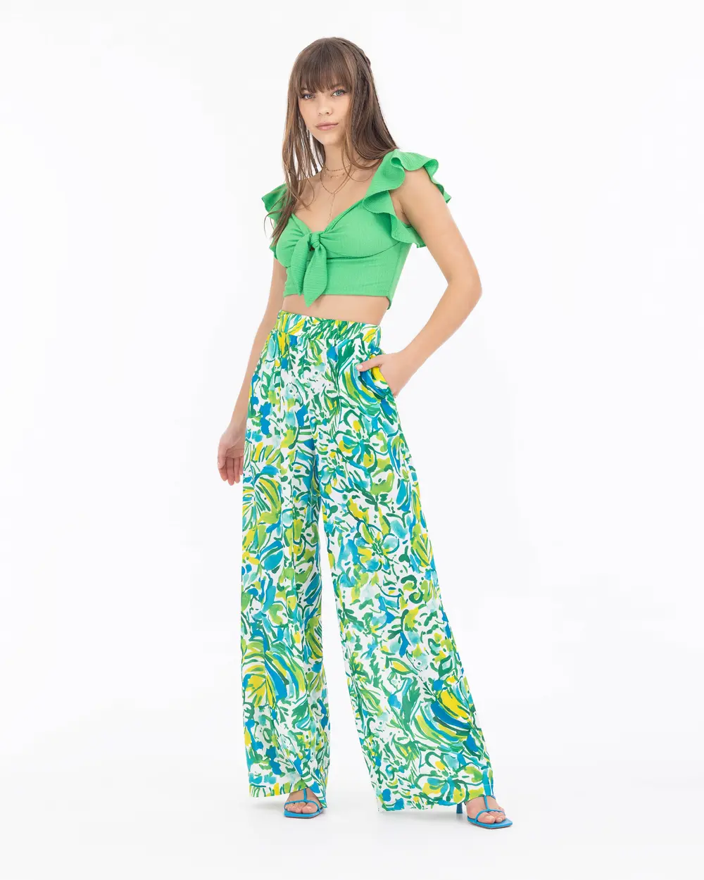 Pocket Detailed Elastic Waist Patterned Trousers