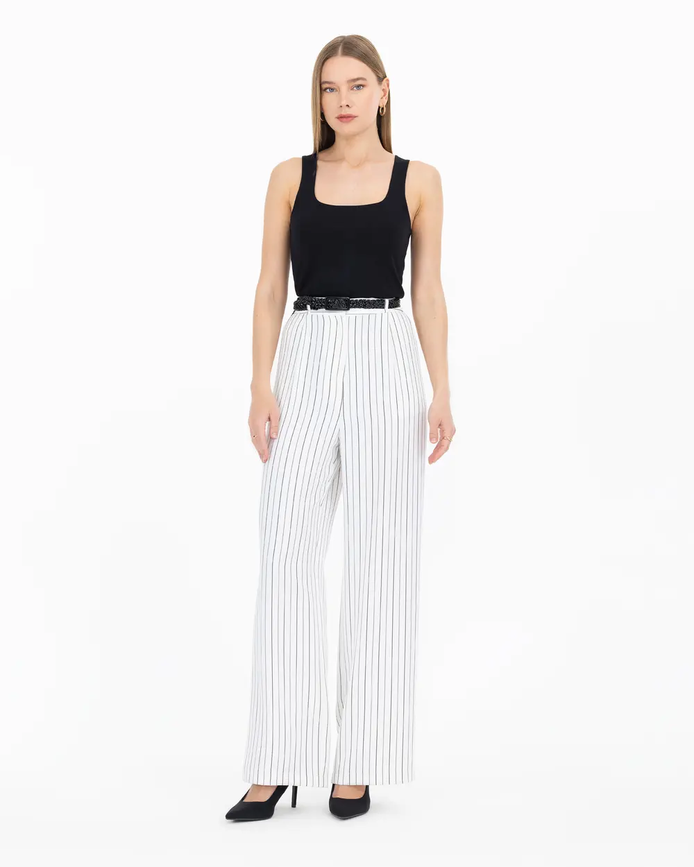 Mid Waist Striped Pocket Button Pleated Wide Leg Trousers - Cider