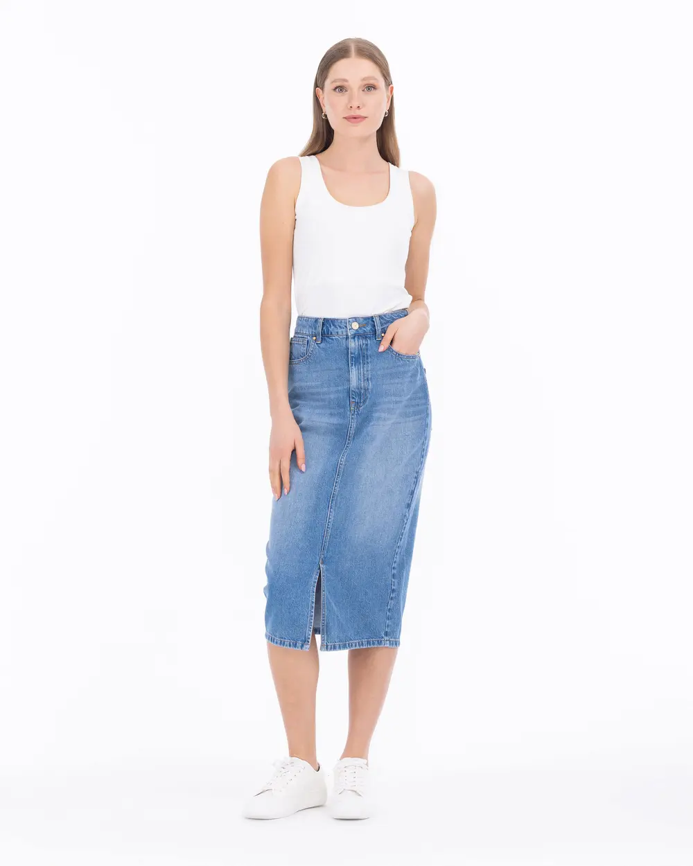Slit Midi Oversized Jean Skirt