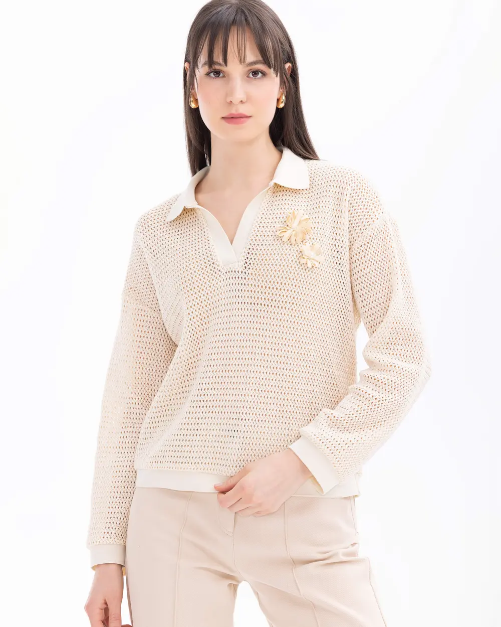 Polo Collar Accessorized Blouse