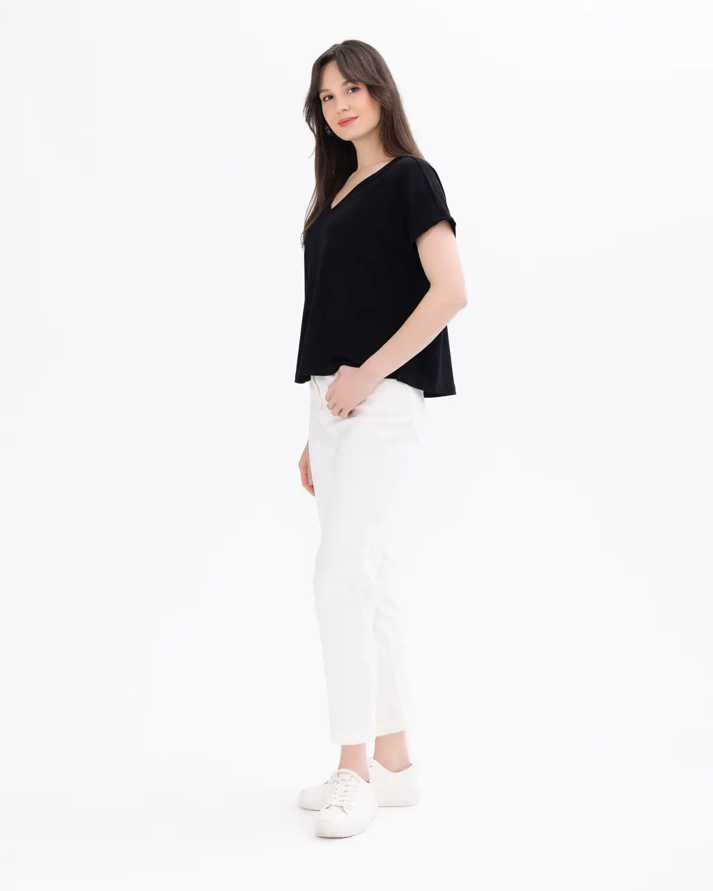 V-Neck Waist Length Basic T-Shirt