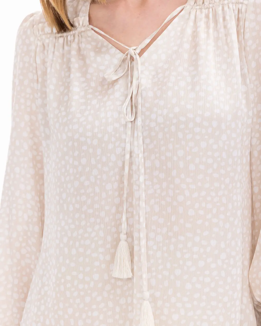 Polka Dot Patterned Blouse with Shirred Sleeves