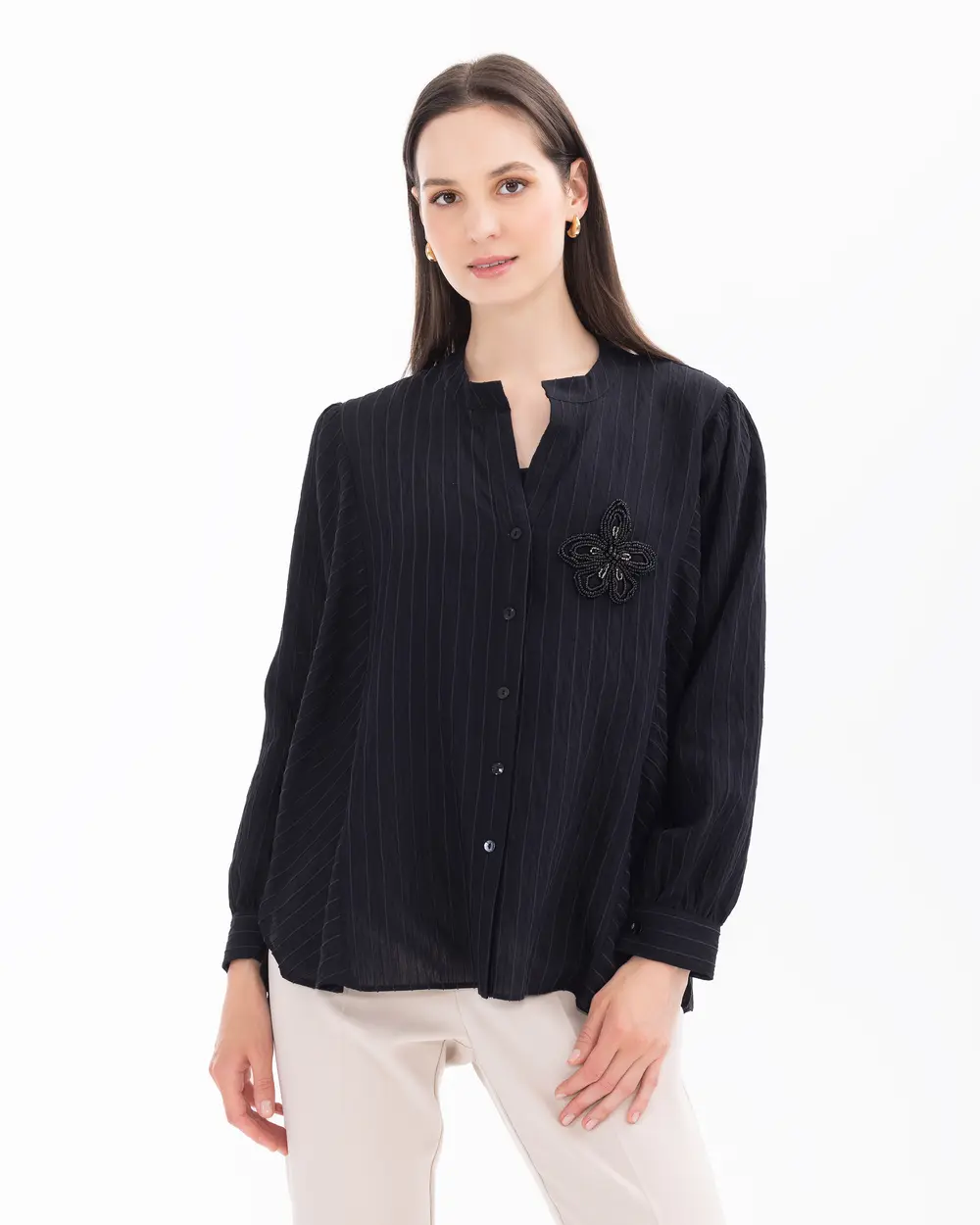 Bead Embroidered Buttoned Long Sleeve Shirt