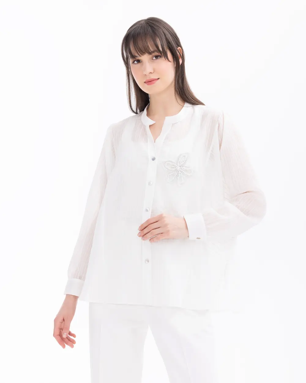 Bead Embroidered Buttoned Long Sleeve Shirt