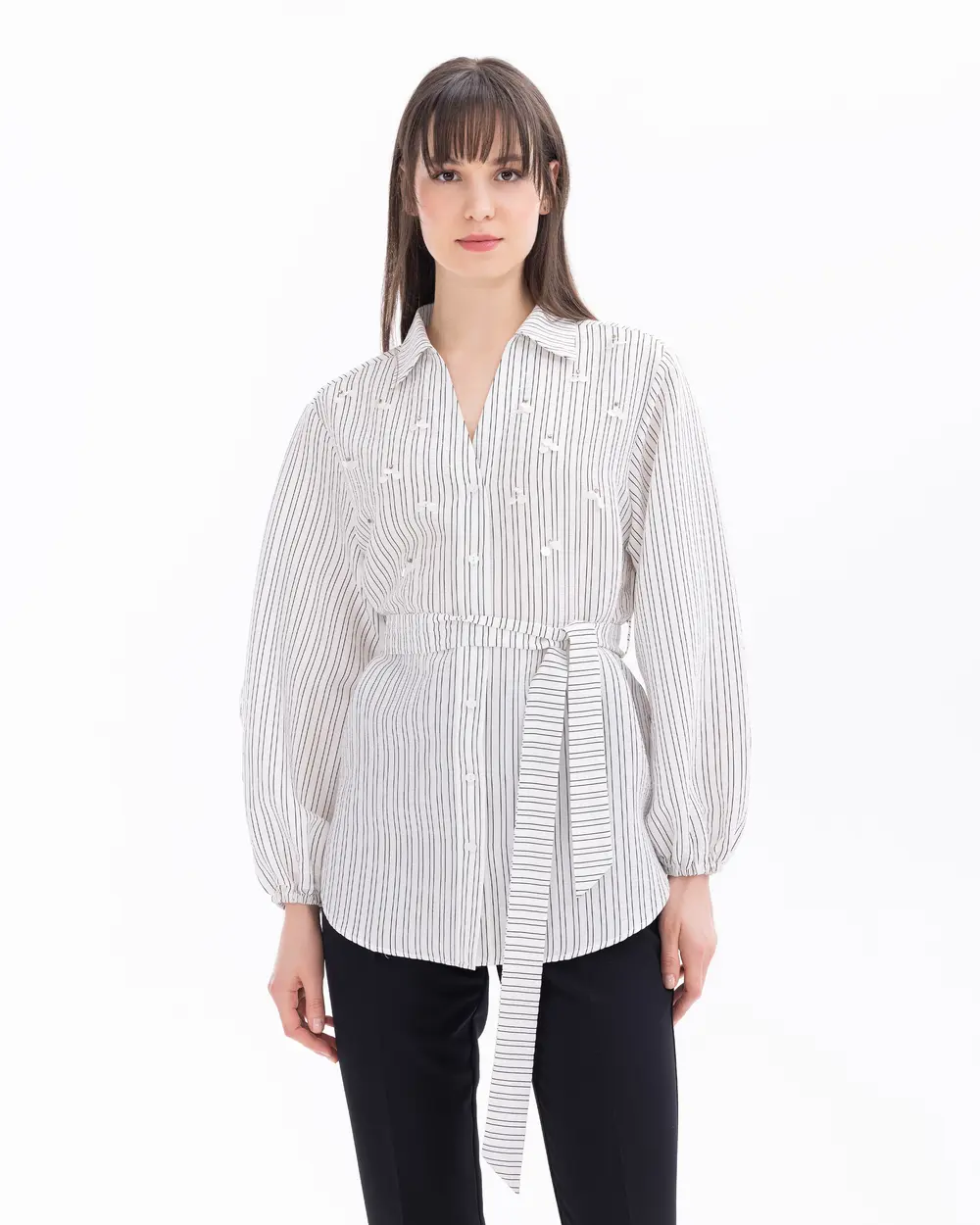 Stone Embroidered Belted Striped Shirt