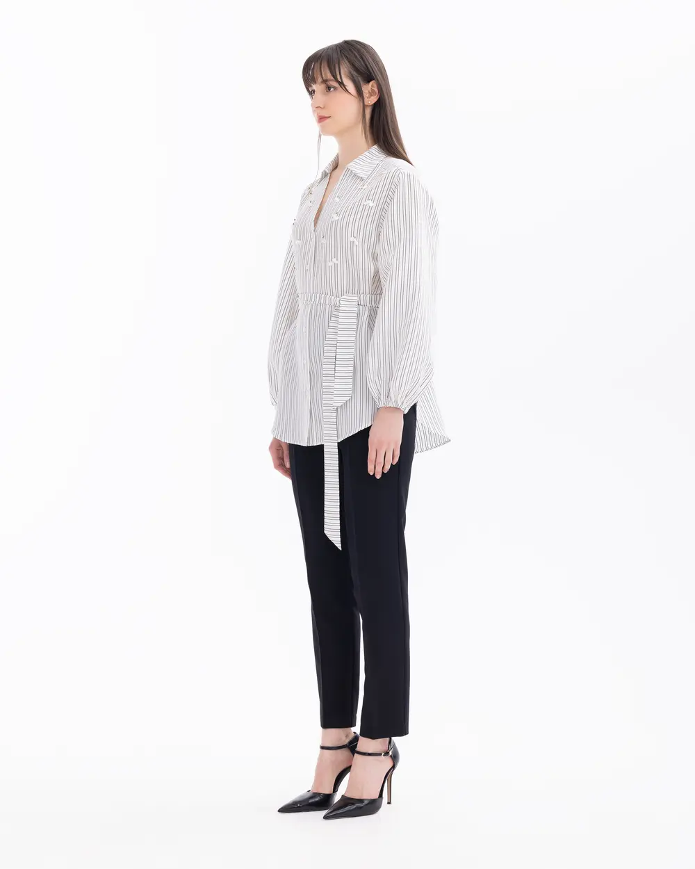 Stone Embroidered Belted Striped Shirt