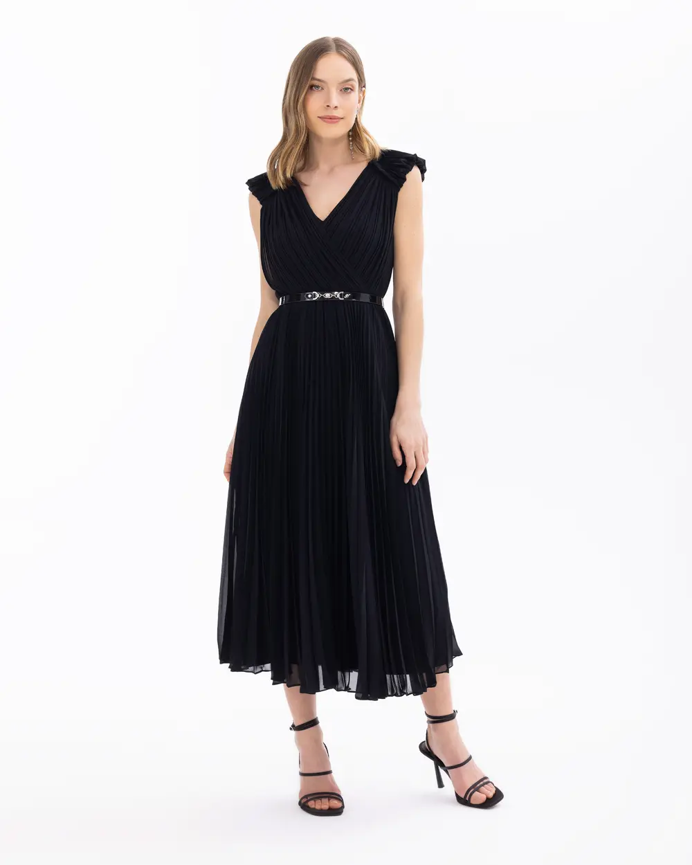 V-Neck Lined Belted Dress