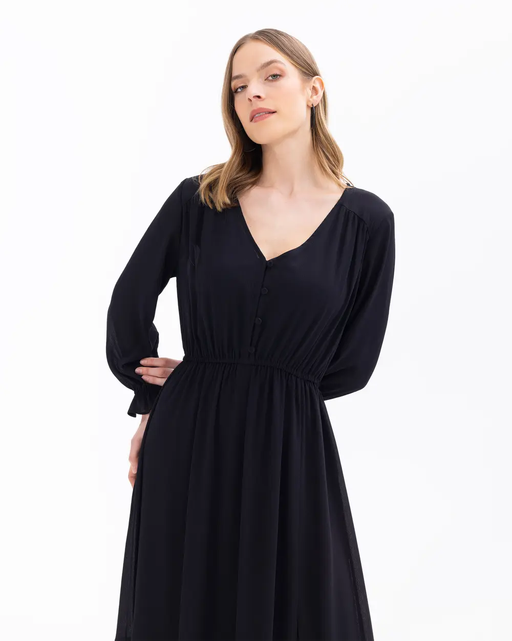 V-Neck Dress with Shirred Waist