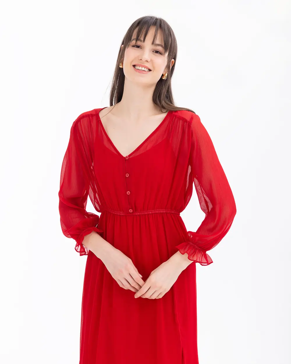 V-Neck Dress with Shirred Waist