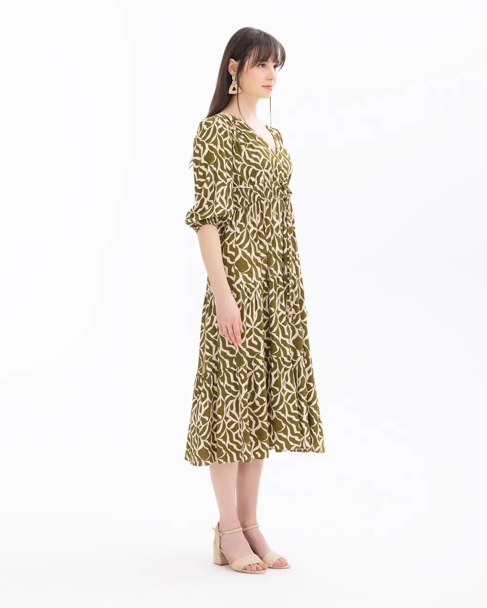 V-Neck Patterned Dress with Drawstring Waist