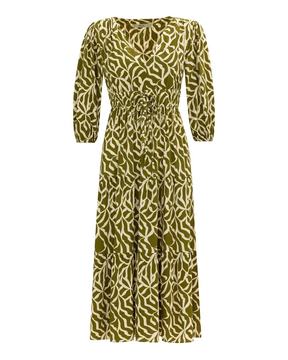 V-Neck Patterned Dress with Drawstring Waist