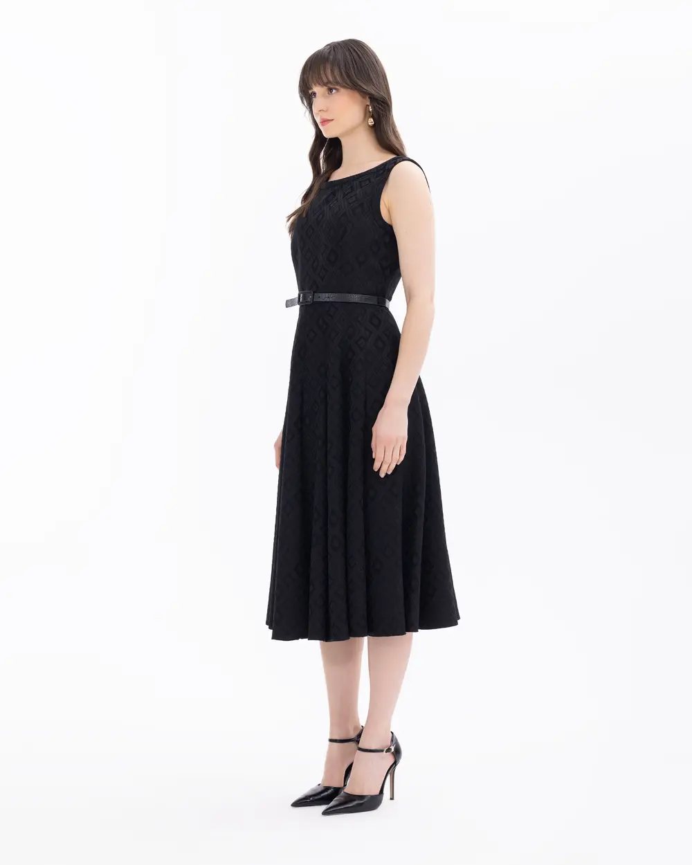 Belted Maxi Length Jacquard Dress