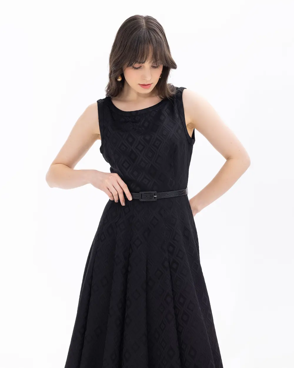 Belted Maxi Length Jacquard Dress