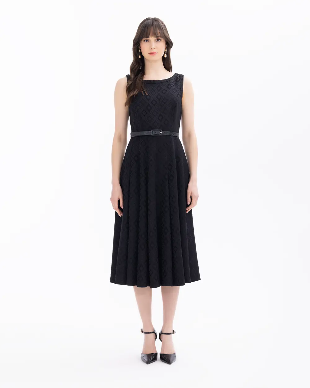 Belted Maxi Length Jacquard Dress