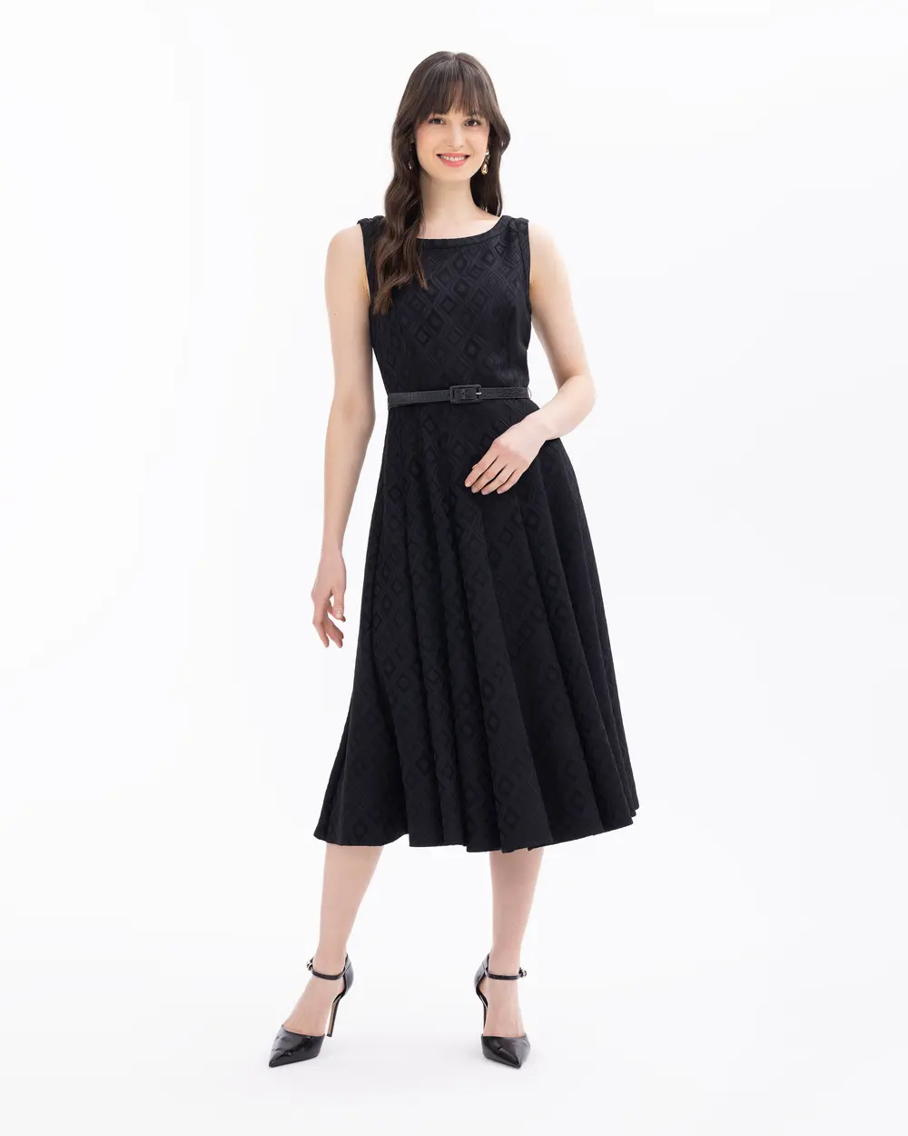 Belted Maxi Length Jacquard Dress