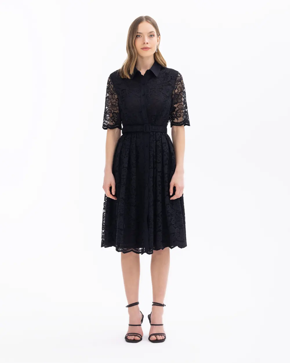 Pleated Belt Detailed Lace Dress