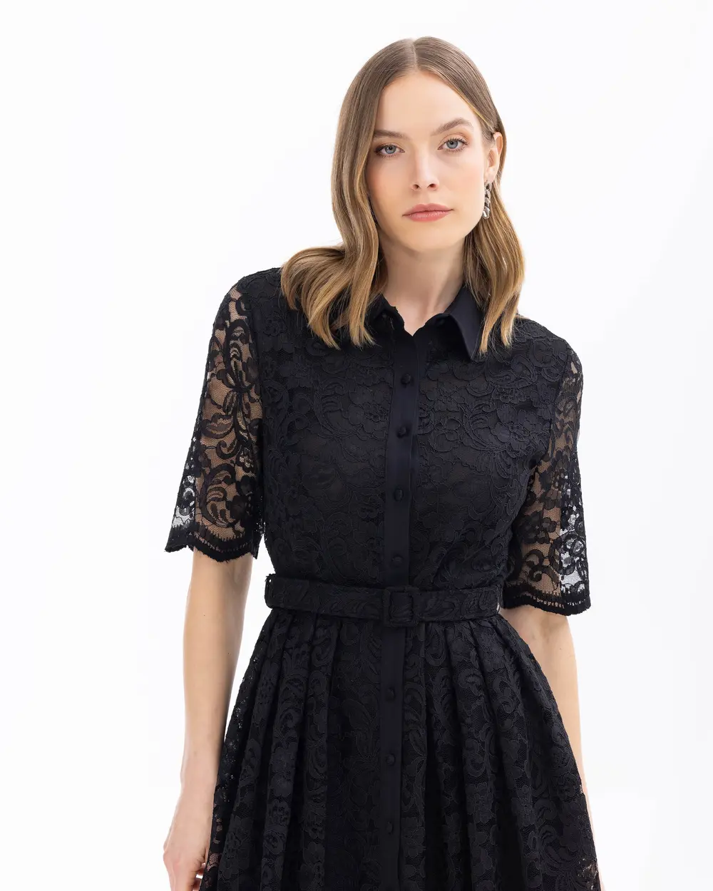 Pleated Belt Detailed Lace Dress