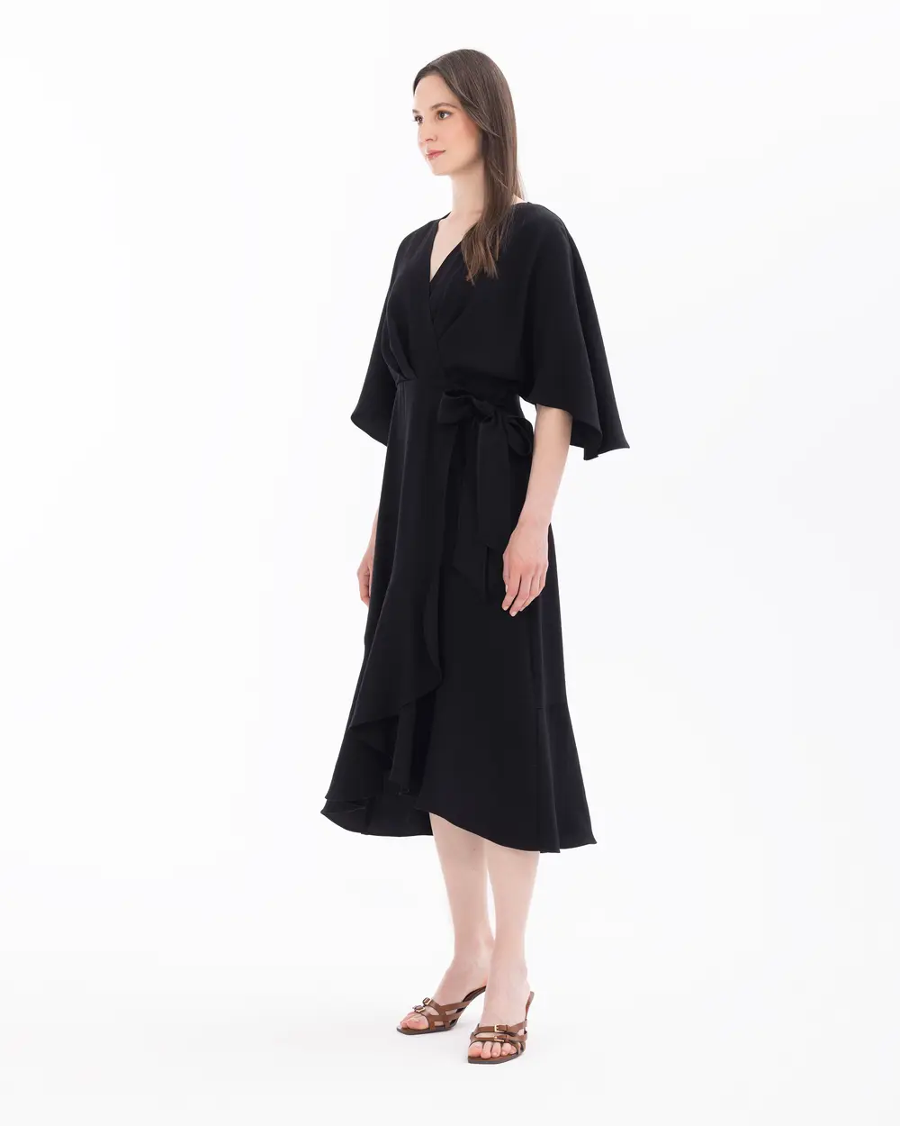 Double-breasted Collar Belted Bat Sleeve Dress