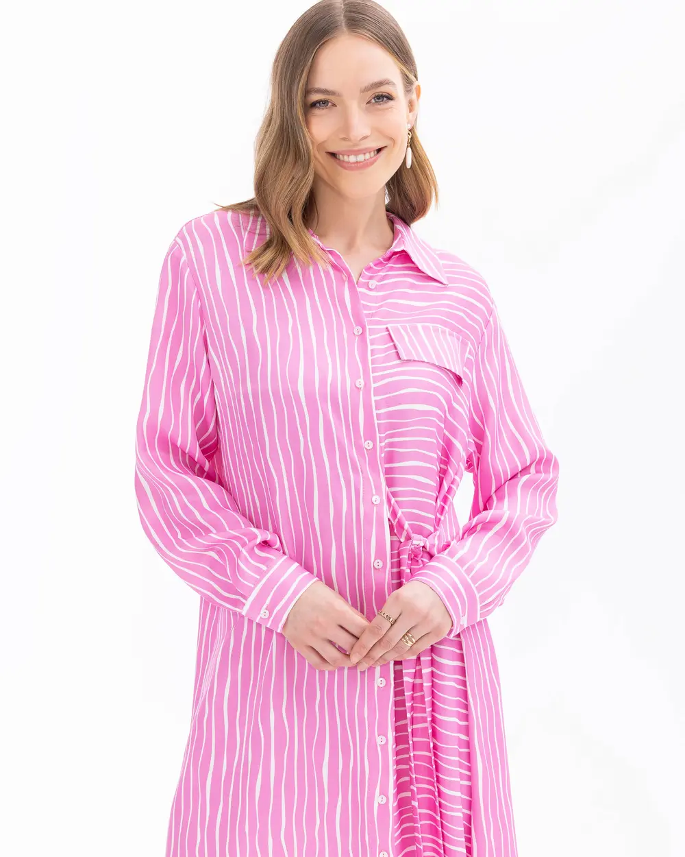 Shirt Collar Striped Belted Dress