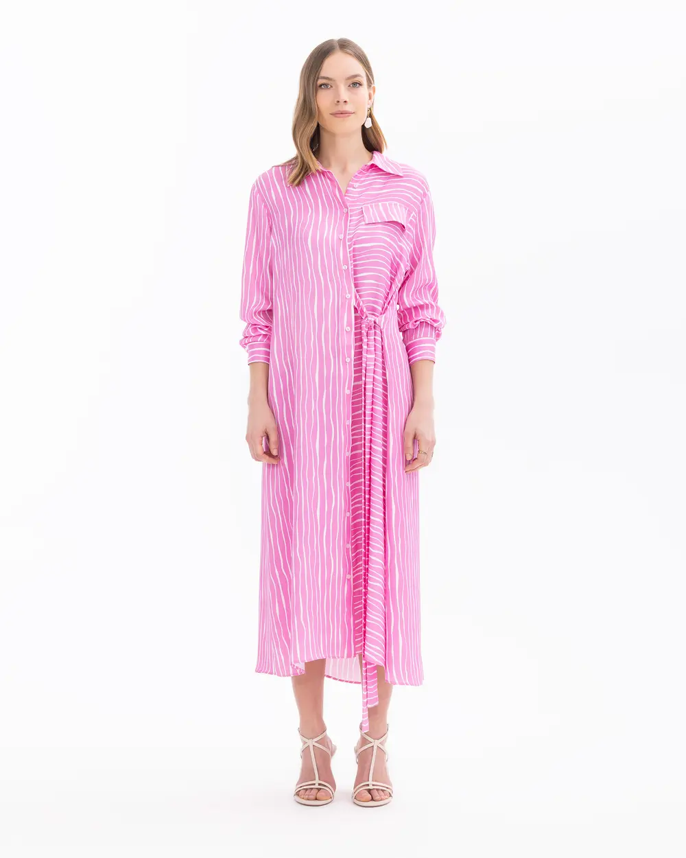 Shirt Collar Striped Belted Dress