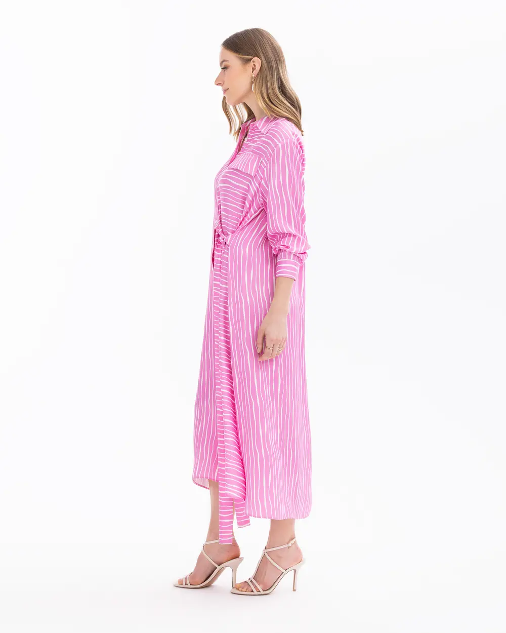 Shirt Collar Striped Belted Dress