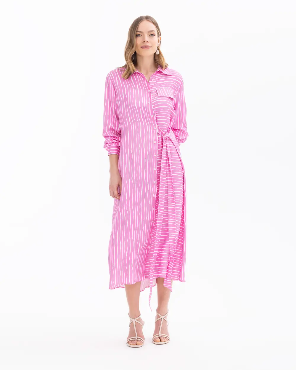 Shirt Collar Striped Belted Dress