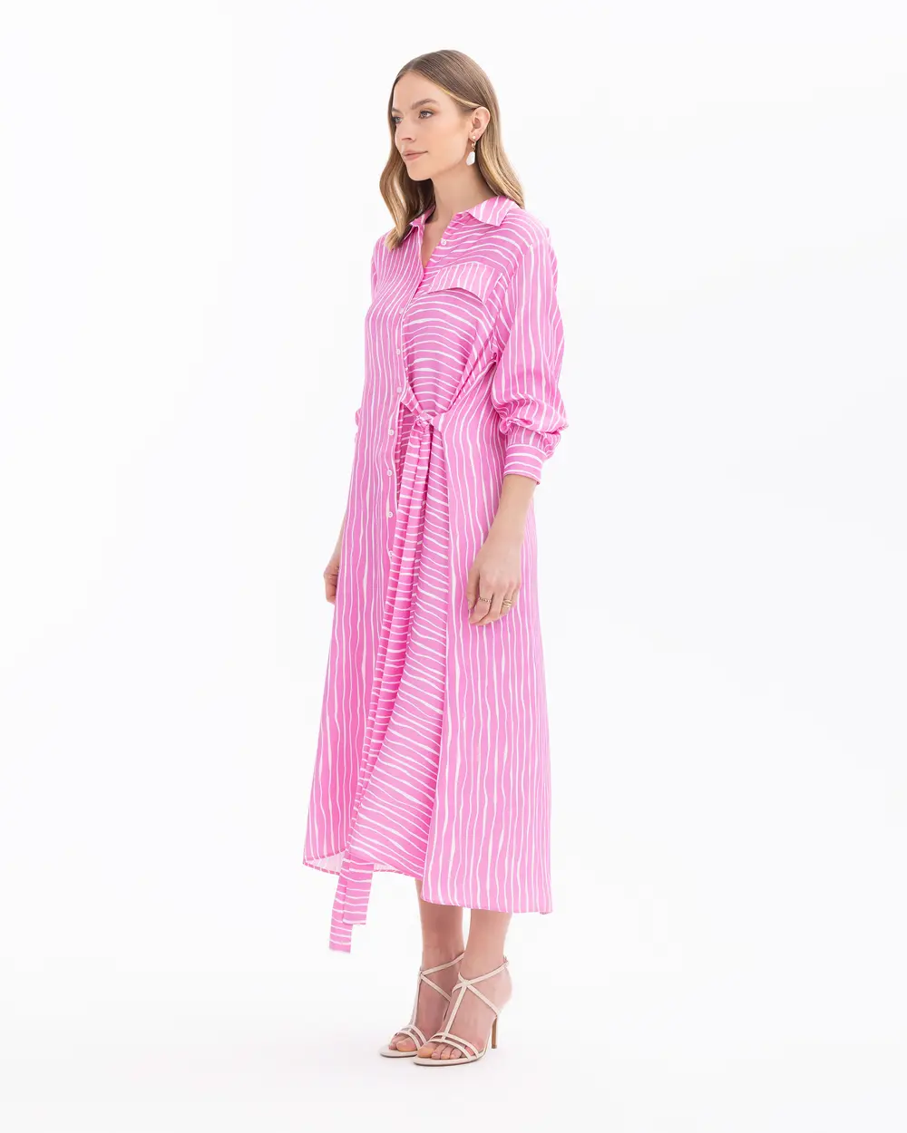 Shirt Collar Striped Belted Dress