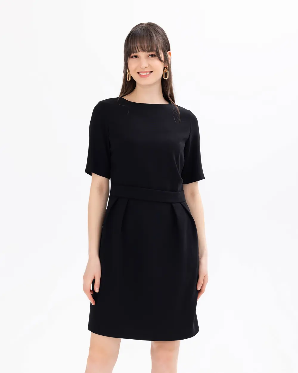 Short Sleeve Crepe Fabric Dress with Waist Detail
