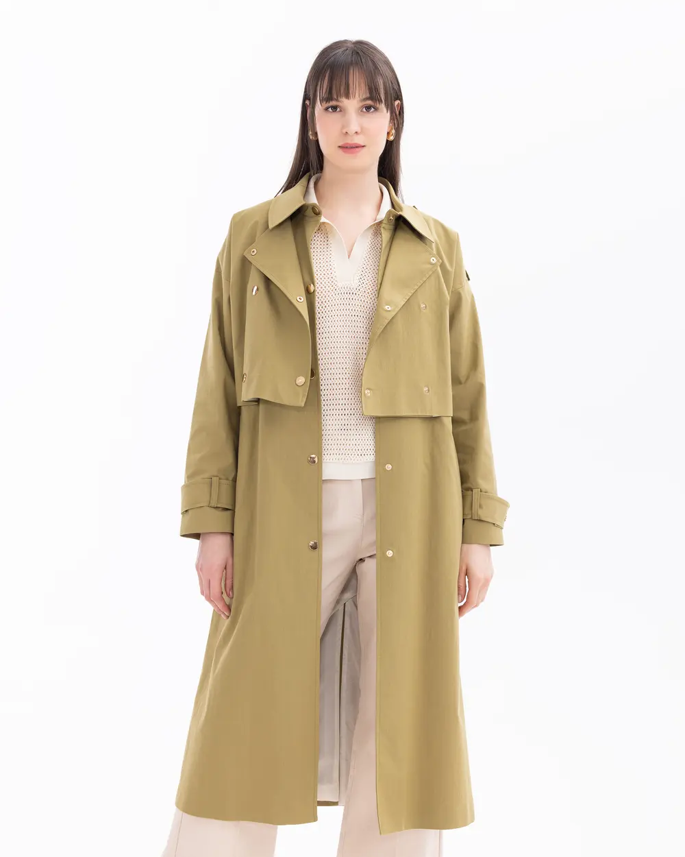 Functional belted midi length trench coat