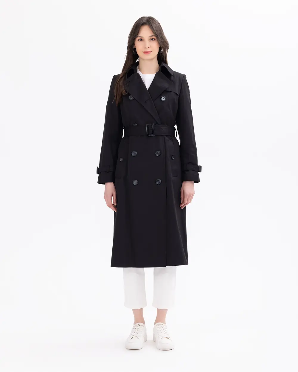 Button Detailed Lined Trench Coat with Pockets