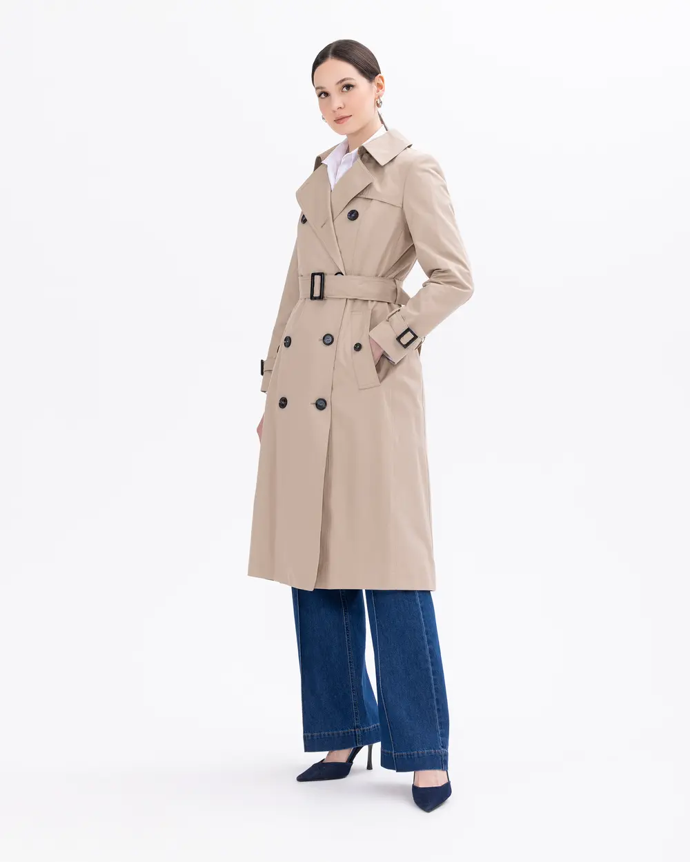 Button Detailed Lined Trench Coat with Pockets