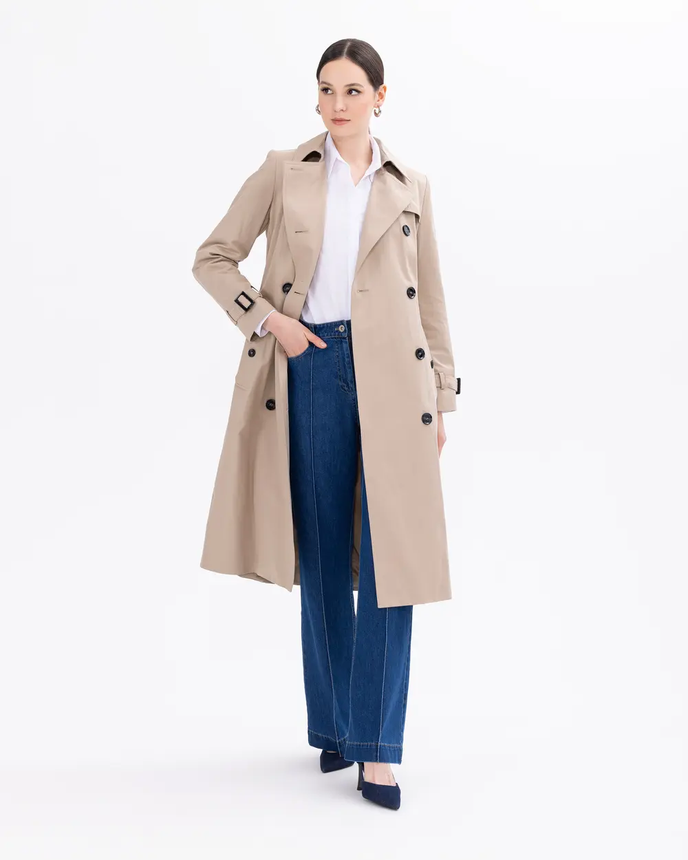 Button Detailed Lined Trench Coat with Pockets