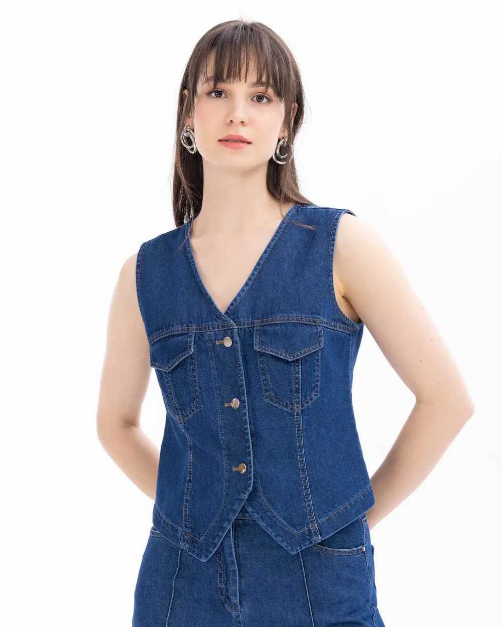 V-neck Buttoned Waist Length Jean Vest
