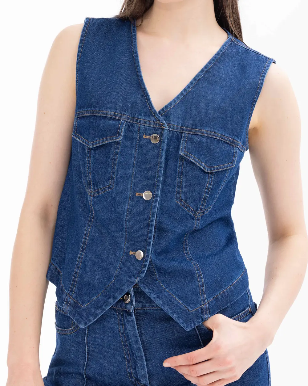 V-neck Buttoned Waist Length Jean Vest