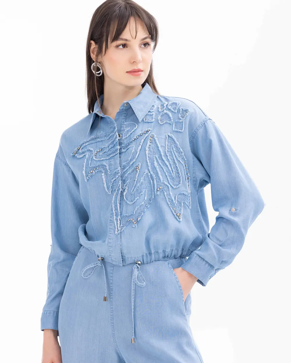 Stone Detailed Embroidered Waist Length Jean Jacket