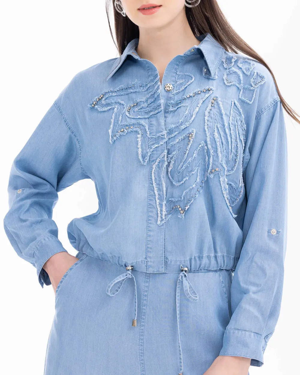 Stone Detailed Embroidered Waist Length Jean Jacket