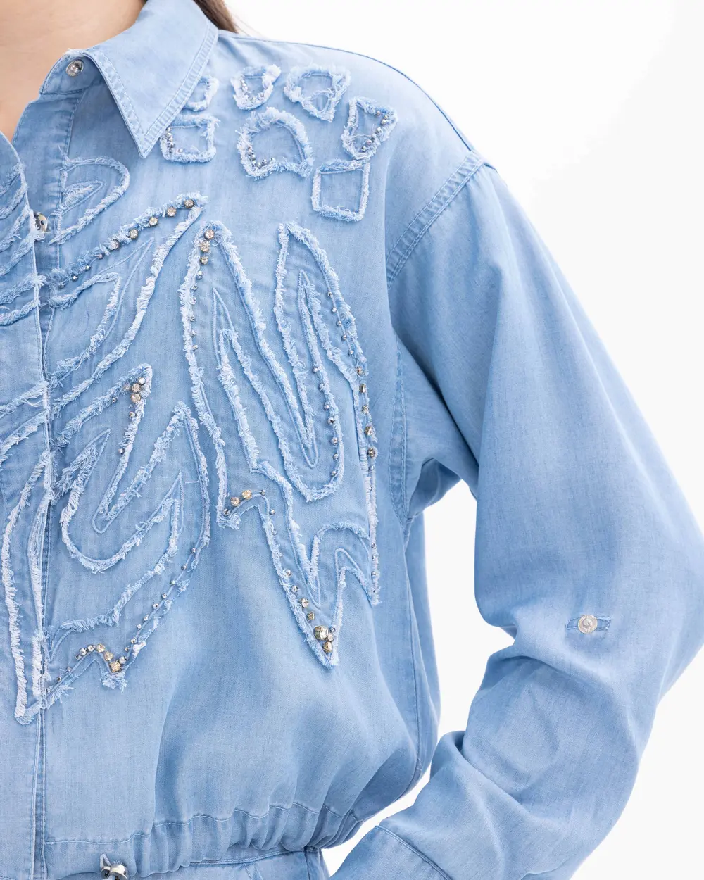 Stone Detailed Embroidered Waist Length Jean Jacket