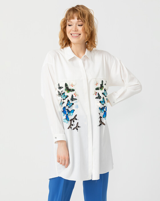 FRONT BUTTON TUNIC WITH BUTTERFLY PATTERN